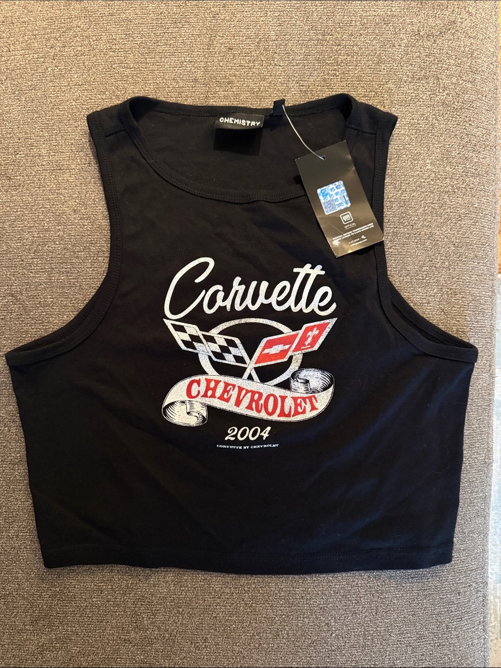 NWT Chemistry Black Crop Tank with Red & White Corvette Graphic Sz L